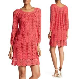 Trina Turk Crochet 3/4 Sleeve Mini Sweater Dress Soiree Pink Women's Size M NWT